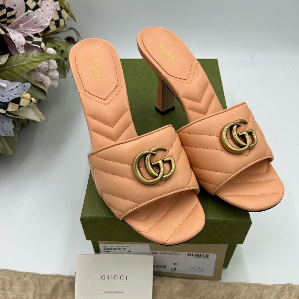 Gucci Peach Quilted Leather GG Logo Mules